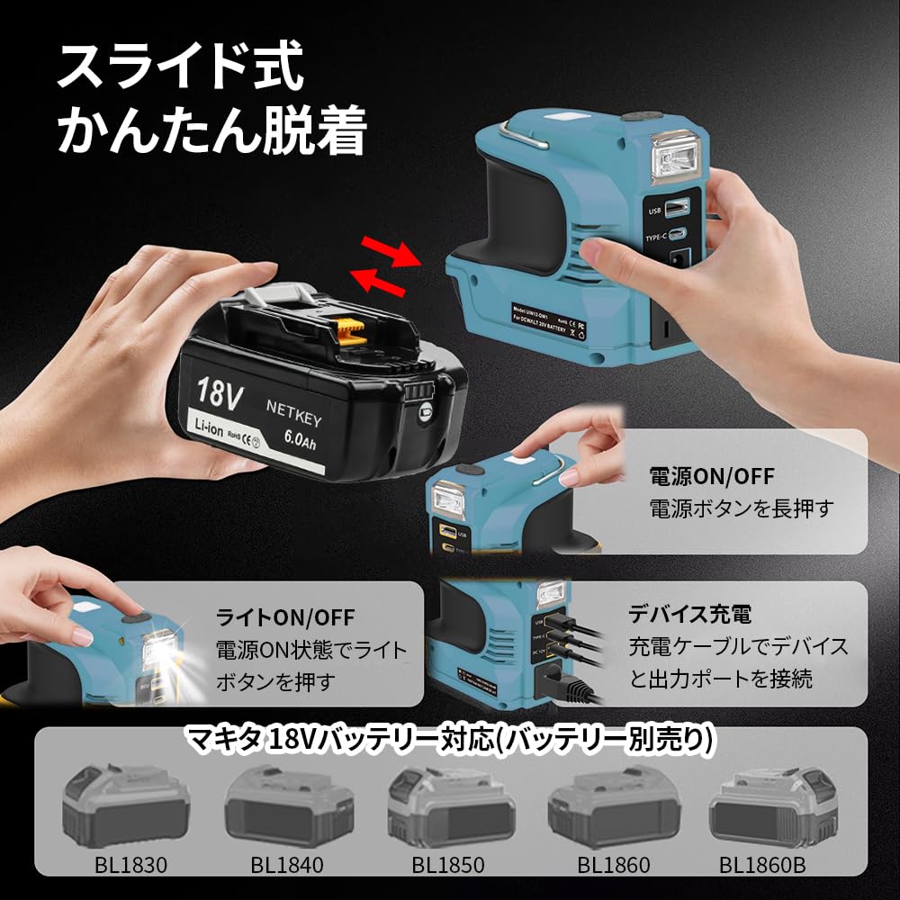 Amazon.co.jp: マキタ18V用 バッテリーインバーター 180W出力 USB QC3